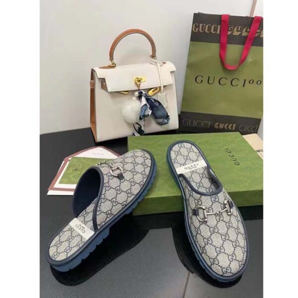 Gucci Unisex Slipper Blue Beige GG Supreme Canvas Rubber Sole Low 1 Cm Heel (7)