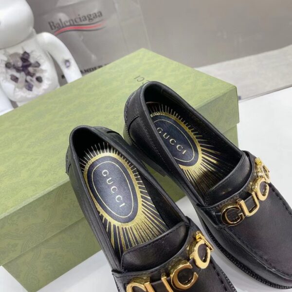 Gucci Women GG Leather Loafer Black Metal Logo Metallic Sunray Print Low Heel (1)