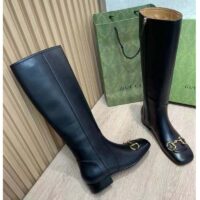 Gucci Women’s GG Knee-High Boot Horsebit Black Rubber Sole Low 4 Cm Heel (10)