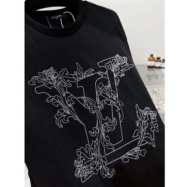 Louis Vuitton Women Embroidered LV Flower T-Shirt Cotton Jersey Regular Fit-Black (1)