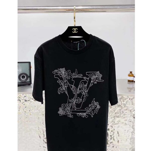 Louis Vuitton Women Embroidered LV Flower T-Shirt Cotton Jersey Regular Fit-Black (2)