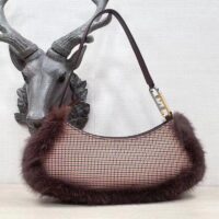 Fendi Women FF O’Lock Swing Brown Houndstooth Wool Fox Fur Pouch (4)