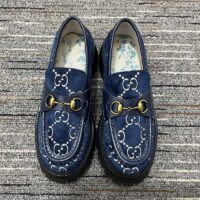 Gucci Men Jordaan GG Velvet Loafer Blue Beige Sole Flat 1.2 Cm Heel (5)