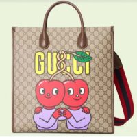 Gucci Unisex GG Cherry Print Medium Tote Beige Ebony GG Supreme Canvas (1)