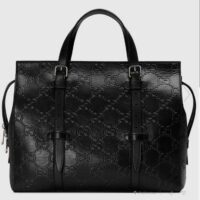 Gucci Unisex GG Embossed Tote Bag Black Leather Cotton Linen Lining (2)