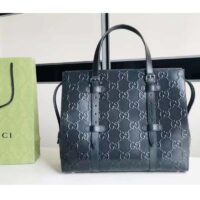 Gucci Unisex GG Embossed Tote Bag Black Leather Cotton Linen Lining (2)