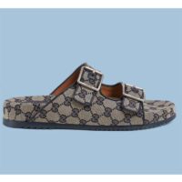 Gucci Unisex GG Slide Sandal Blue Beige Original GG Canvas Rubber Sole Flat (5)