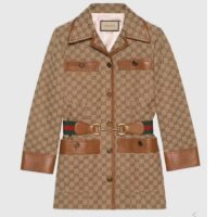 Gucci Women GG Canvas Jacket Web Belt Cotton Camel Ebony Point Collar (7)