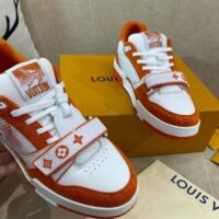 Louis Vuitton Unisex LV Trainer Sneaker Orange Monogram Denim Rubber Outsole Monogram Flowers (5)