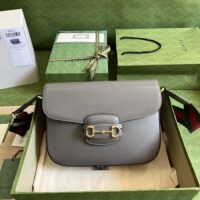 Gucci GG Unisex Horsebit 1955 Shoulder Bag Grey Leather Flap Closure (1)