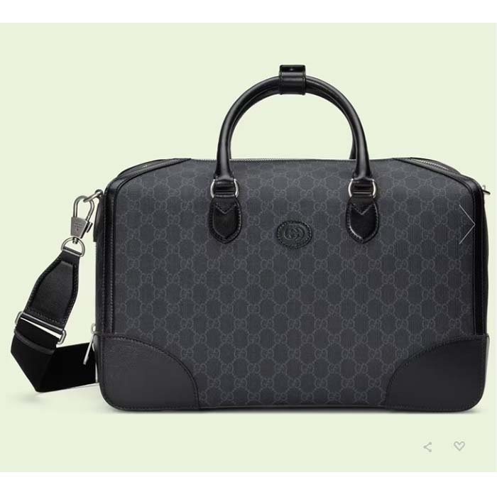 Gucci Unisex Duffle Bag Interlocking G Black GG Supreme Canvas Leather