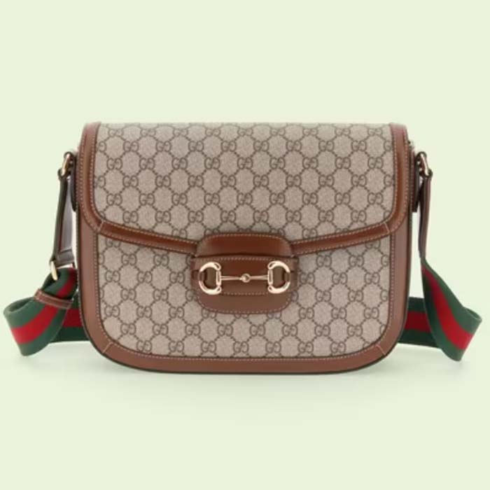 Gucci Unisex Horsebit 1955 Shoulder Bag Beige Ebony GG Supreme Canvas