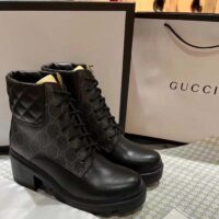 Gucci Women Ankle Boots Black GG Supreme Canvas Rubber Lace-Up High Heel (1)