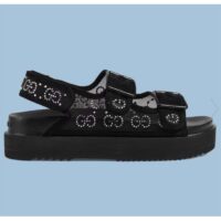 Gucci Women GG Sandal Crystals Black Mesh Tonal Suede Rubber Sole Flat (5)