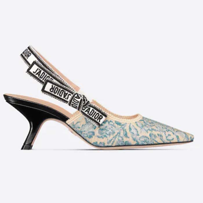 Dior Women CD J'Adior Slingback Pump Duck Blue Brocart Embroidered Cotton Metallic Thread