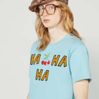 Gucci Women GG HA HA HA Cherry T-Shirt Light Blue Medium Cotton Jersey Crewneck (6)