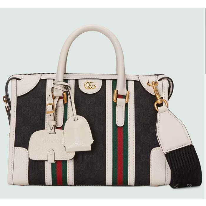 Gucci Unsiex GG Bauletto Small Top Handle Bag Black White Original GG Canvas