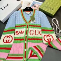 Gucci Women GG Adidas x Gucci Wool Cardigan Pink Blue Cable Stitch V-Neck (4)