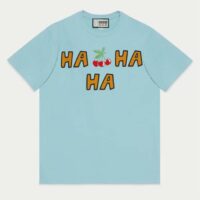 Gucci Women GG HA HA HA Cherry T-Shirt Light Blue Medium Cotton Jersey Crewneck (6)