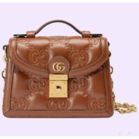 Gucci Women GG Matelassé Small Top Handle Bag Brown Leather Double G