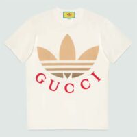 Gucci Men GG Adidas x Gucci Cotton Jersey Ivory Trefoil Print Crewneck Short Sleeves