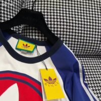 Gucci Men GG Adidas x Gucci Cotton Jersey T-Shirt Ivory Blue Trefoil Print Raglan Sleeves Crewneck (4)