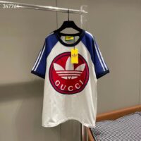 Gucci Men GG Adidas x Gucci Cotton Jersey T-Shirt Ivory Blue Trefoil Print Raglan Sleeves Crewneck (4)