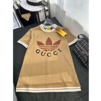 Gucci Women GG Adidas x Gucci Cotton T-Shirt Camel Jersey Trefoil Print Crewneck (8)