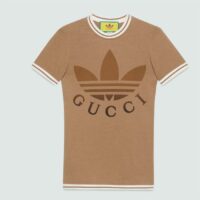 Gucci Women GG Adidas x Gucci Cotton T-Shirt Camel Jersey Trefoil Print Crewneck (8)