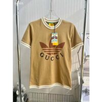 Gucci Women GG Adidas x Gucci Cotton T-Shirt Camel Jersey Trefoil Print Crewneck (8)