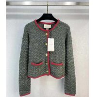 Gucci Women GG Cable Knit Wool Jacket Dark Green Cable Knit Wool Green Red Stripe (13)