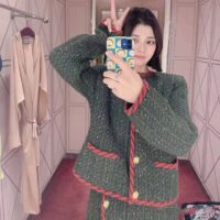 Gucci Women GG Cable Knit Wool Jacket Dark Green Cable Knit Wool Green Red Stripe (13)