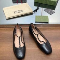 Gucci Women GG Ballet Flat Double G Black Leather Sole Flat 1 Cm Heel (12)