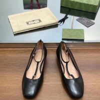 Gucci Women GG Ballet Flat Double G Black Leather Sole Flat 1 Cm Heel (12)