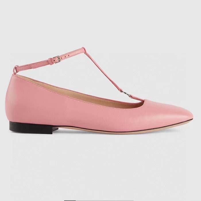 Gucci Women GG Ballet Flat Double G Pink Leather Sole Flat 1 Cm Heel