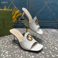 Gucci Women GG Blondie Slide Sandal White Leather Metallic Mid Heel 6.6 Cm Heel (7)