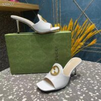 Gucci Women GG Blondie Slide Sandal White Leather Metallic Mid Heel 6.6 Cm Heel (7)