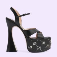 Gucci Women GG Interlocking G Studs Sandal Black Leather Spool High 15 Cm Heel (6)