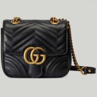 Gucci Women GG Marmont Matelassé Mini Tote Bag Black Chevron Leather Double G (14)