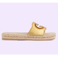 Gucci Unisex Interlocking G Cut-Out Slide Sandals Metallic Gold Leather Flat 2 cm Heel (5)