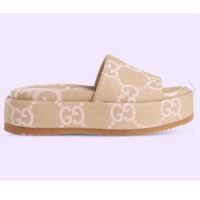 Gucci Unisex Jumbo GG Platform Slide Sandal Beige Light Pink Canvas Low 3 Cm Heel (7)