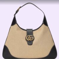 Gucci Women GG Aphrodite Large Shoulder Bag Beige Black Cotton Canvas Black Leather (7)