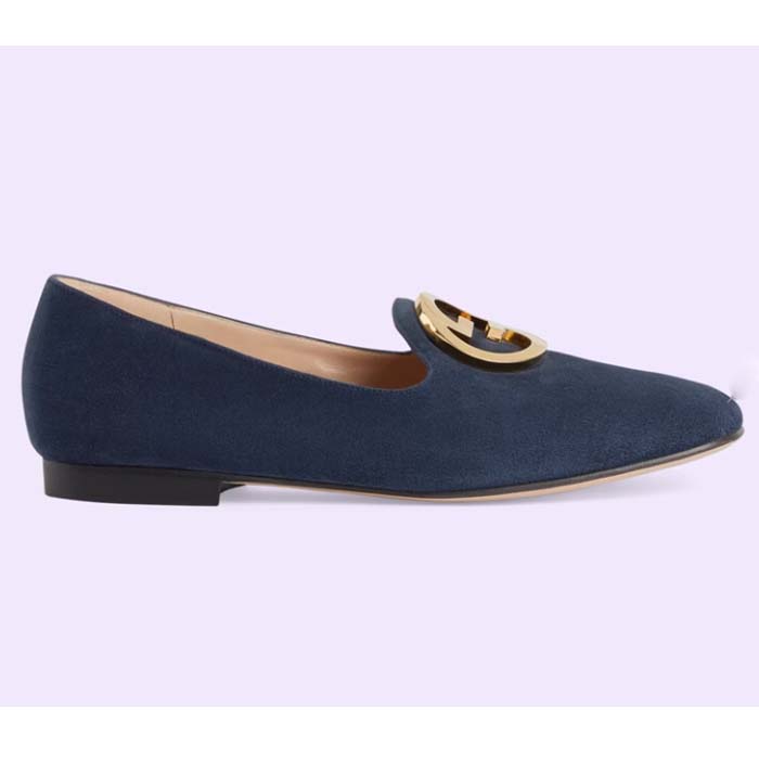 Gucci Women GG Blonde Ballet Flat Deep Blue Suede Round Interlocking G Leather Flat