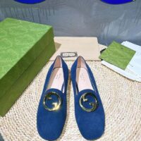 Gucci Women GG Blonde Ballet Flat Deep Blue Suede Round Interlocking G Leather Flat (11)