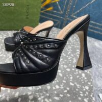 Gucci Women GG Heeled Slide Sandals Black Leather Studs Spool High 15 Cm Heel (12)