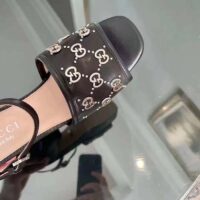 Gucci Women GG Interlocking G Studs Sandal Black Leather Mid 8 Cm Heel (7)