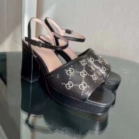 Gucci Women GG Interlocking G Studs Sandal Black Leather Mid 8 Cm Heel (7)