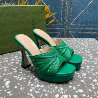 Gucci Women Heeled Slide Sandals Green Leather Studs Spool High 15 Cm Heel (1)