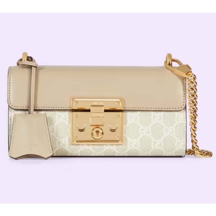 Gucci Women Padlock Mini Shoulder Bag Beige White GG Supreme Canvas