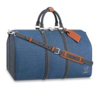 Louis Vuitton LV Unisex Keepall Bandoulière 50 Travel Bag Denim Blue Cowhide Leather (12)